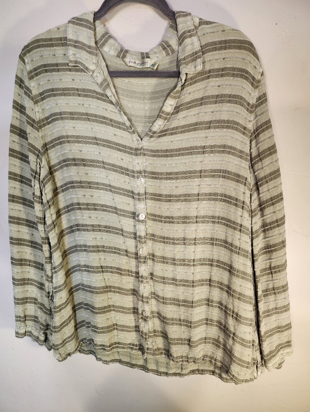 fresh produce Linen Blend Olive & Cream Striped Button-Down Shirt